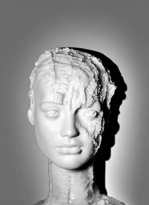 Image similar to a young female cyborg bust made of ice and concrete, dramatic, ilford hp 5, closeup - view, f / 2. 8, high contrast, 1 6 k, fluorescent lamp, contre - jour, insanely detailed and intricate, hypermaximalist, elegant, ornate, hyper realistic, super detailed