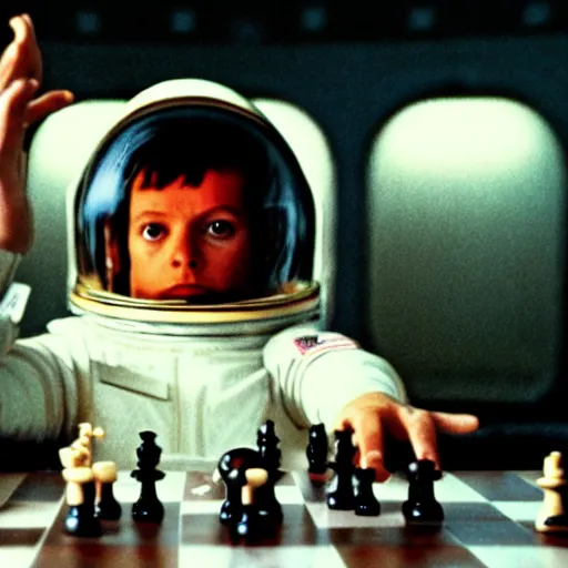 Image similar to Space odyssey astronaut playing chess in the shining by stanley kubrick, shot by 35mm film color photography