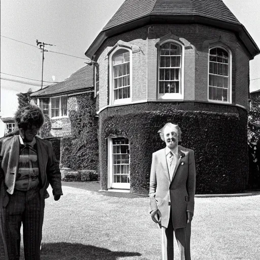 Image similar to a man stands next to the world's largest plum pudding in front of a suburban english house in the year 1 9 7 9