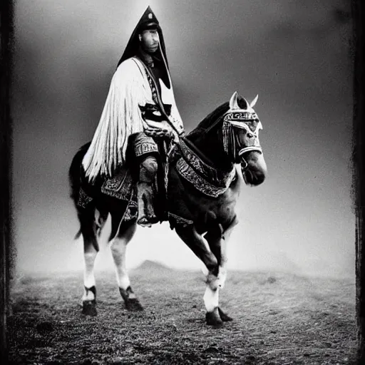 Image similar to white and black 1 8 0 0 photography of gengis khan on his horse after the conquest of china, realistic, foggy, china, post - apocalyptic, photo, photograph, high detailed, camera