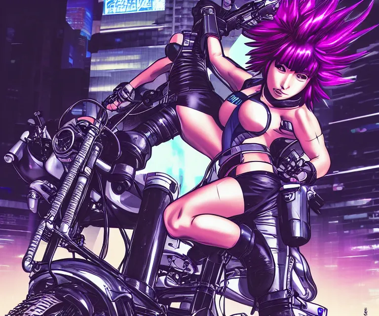 Image similar to motoko kusanagi riding a cyberpunk vehicle in a grungy cyberpunk megacity, bosozoku gang war, cyberpunk vaporwave, by phil jimenez, artgerm, sola digital arts, anti aliasing, raytracing