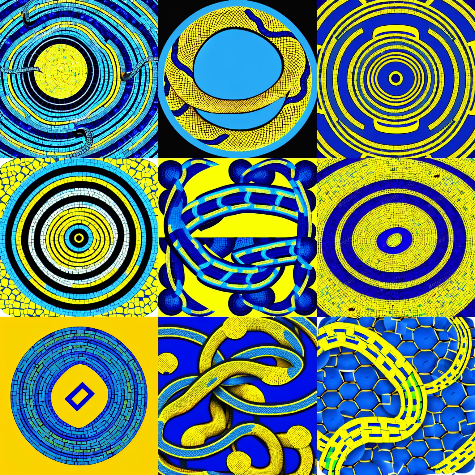 Prompt: two blue and yellow intwined pythons, modern logo, app, mosaic, circle, entrancing