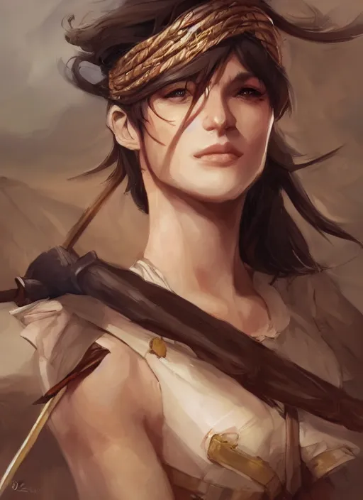 Prompt: beautiful portrait of desert warrior holding a sword, art by krenz cushart, close - up portrait, dynamic pose, upper body, fantasy, digital painting, featured on artstation, highly detailed illustration, intricate, elegant, sharp focus, 4 k