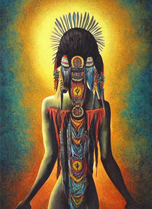 Prompt: a beautiful painting of an indigenous woman seen from behind, holding up her arms to the sky, full body, matte painting, fantasy art, ayahuasca, highly detailed