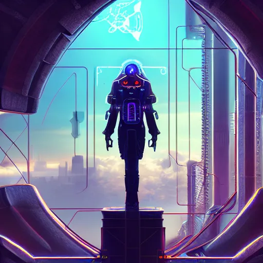 Image similar to A dream beyond horizon. ArtStation, Cyberpunk, Vertical Symmetry, 8K, Highly Detailed, Intricate, Album Art.