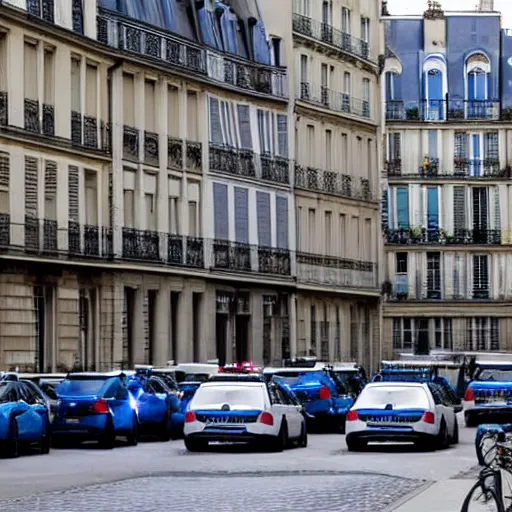 Image similar to a photo of several french police cars parked in a paris street in the morning