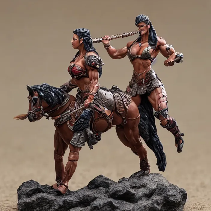 Image similar to 80mm resin detailed miniature of a Muscular Woman warrior with a Horse, Product Introduction Photos, 4K, Full body, simple background