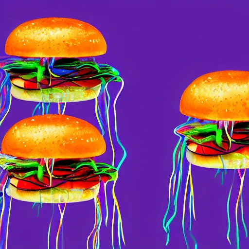 Image similar to hamburger mix jellyfish, cg, 8 k, sharp focus, style by andy warhol