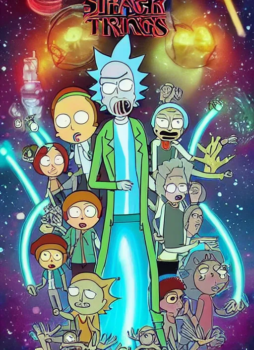 Prompt: rick and morty in the style of stranger things movie poster
