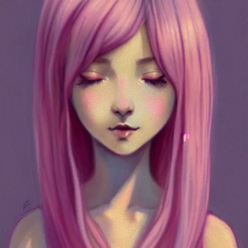 Image similar to young female in summer dress art, pastel light pink long hair, muted colors, matte print, pastel colors, ornate, digital art, digital painting, fan art, elegant, artstation, head is centered, by Ilya Kuvshinov