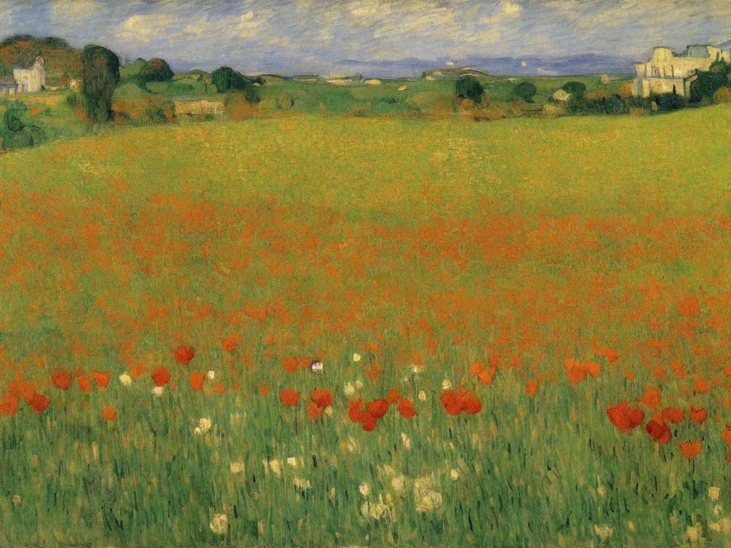 Prompt: an impressionist landscape depicting a field of tulips and rolling hills by ramon casas, edgar degas and van gogh