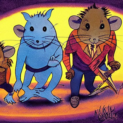 Image similar to rats playing in a rock band inspired by the beatles, wholesome, ghibli and disney animation, sharp, art by ken anderson and mel shaw, dramatic lighting, brown palette, high detail