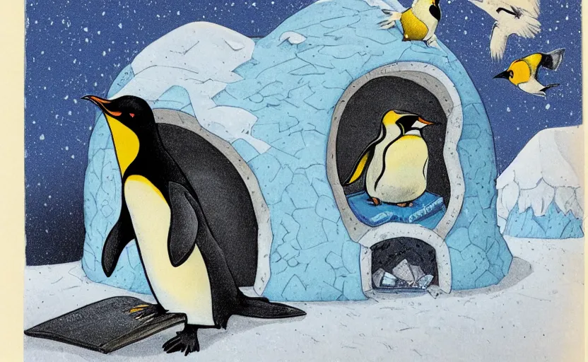 Image similar to childrens book illustration of an emperor penguin sitting down and reading a book inside an igloo