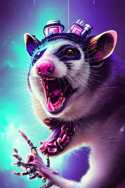 Image similar to a beautiful portrait of a cute cyberpunk opossum screaming by sandra chevrier and greg rutkowski and wlop, purple blue color scheme, high key lighting, volumetric light, digital art, highly detailed, fine detail, intricate, ornate, complex, octane render, unreal engine, photorealistic