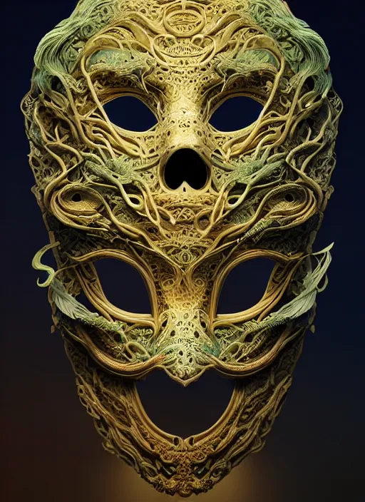 Prompt: 3 d venetian mask portrait, sigma 5 0 0 mm f / 5. beautiful intricate highly detailed quetzalcoatl skull and feathers. bioluminescent, plasma, lava, ice, water, wind, creature, thunderstorm! artwork by tooth wu and wlop and beeple and greg rutkowski, 8 k trending on artstation,