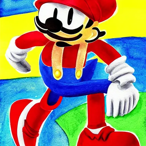 Image similar to Sonic in the style of Mario, with a mustache, beautiful watercolor art drawing, in the style of artist Simon Stalenhag s-90 - C 7