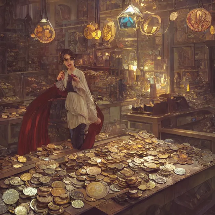 Image similar to modern coin shop with a lot of coins, 4 k, octane, digital painting, artstation, concept art, sharp focus, illustration, art by artgerm and greg rutkowski and alphonse mucha