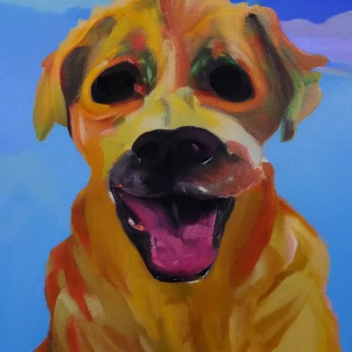 Image similar to awful oil painting of a dog, messy, ugly, bad