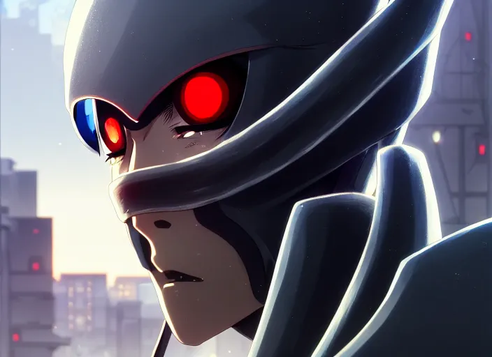 Image similar to a anime portrait of a cyborg ninja, finely detailed features, closeup at the face, sharp focus, perfect art, city background, cinematic lighting, intricate, anime, illustration, artstation, trending on pixiv fanbox, painted by greg rutkowski, studio ghibli, yoji shinkawa, hayao miyazaki, mappa, 4 k