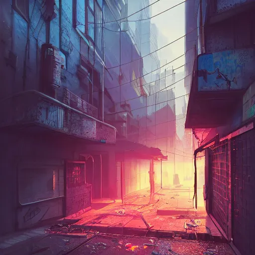 Prompt: a cyberpunk alley, debris, damaged streets, wires crossing the windows, dusk, smoke, hyperealistic, artstation, cgsociety, 8 k