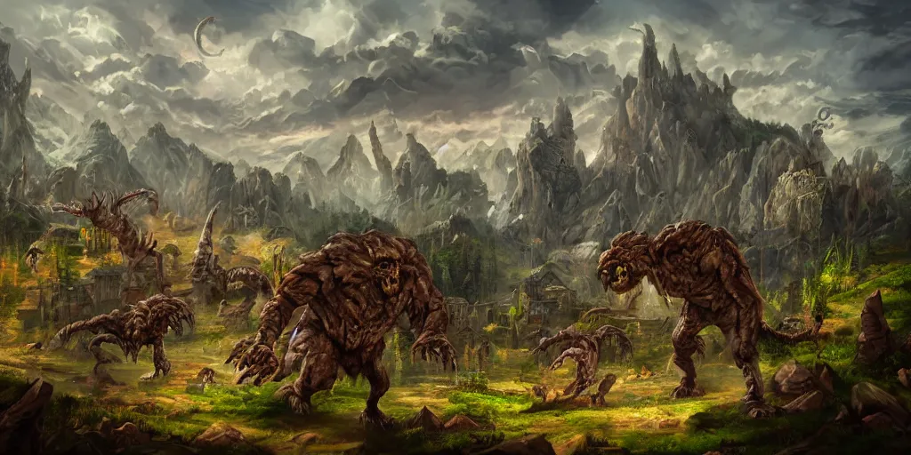 Image similar to \'mimic taverns\' monsters with clawed feet, far away landscape shot, tilt-shifted, high quality art, 4k