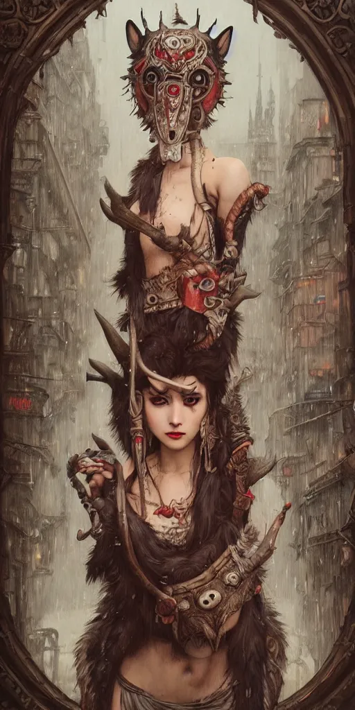 Prompt: hyper realistic Princess Mononoke, ornate mask, wet market street, rainy cyberpunk metropolis, full body pose, wolves, style of tom bagshaw, mucha, james gurney, norman rockwell, denoised, sharp