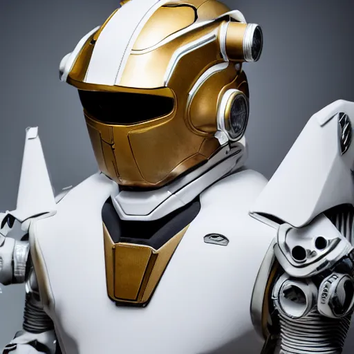 Image similar to sci fi mecha helmet, futuristic streetwear design and adornment, all white and gold, layered detail and depth, 16k resolution, highly detailed, styled by LGHT and Vittorio Bonapace, beautiful