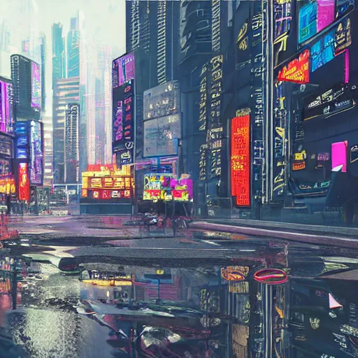 Prompt: cyberpunk city Hong Kong without people, rainy, colorful, beautiful, trending on artstation, HD, Unreal Engine, Cyberpunk 2077
