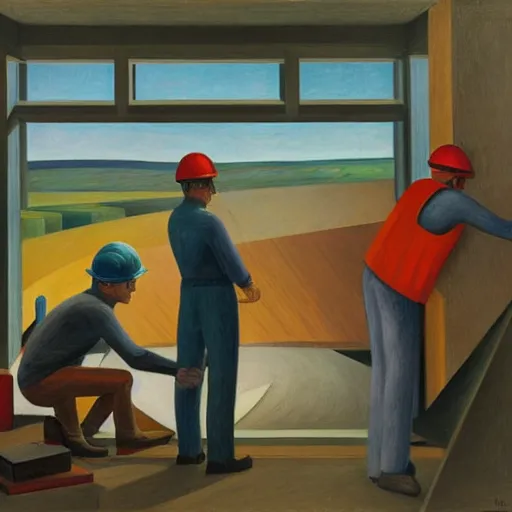 Image similar to hydroelectric dam interior, turbines, workers in hardhats, grant wood, pj crook, edward hopper, oil on canvas