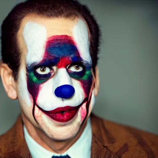 Prompt: uhd candid photo of hunter biden wearing bizarre clown makeup, with accurate face, in an abandoned drug den, uhd, studio lighting, correct face, photo by annie leibovitz