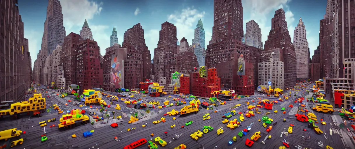 Prompt: ( ( new york ) ) made of kid's toys!!!!, by aaron slim, amazing details, atmospheric, 8 k, aesthetic octane render, street view, warm hue's