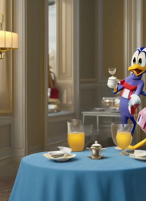 Image similar to jodie march and donald duck having tea at the ritz, octane render, cinematic, elegant, intricate, 8 k