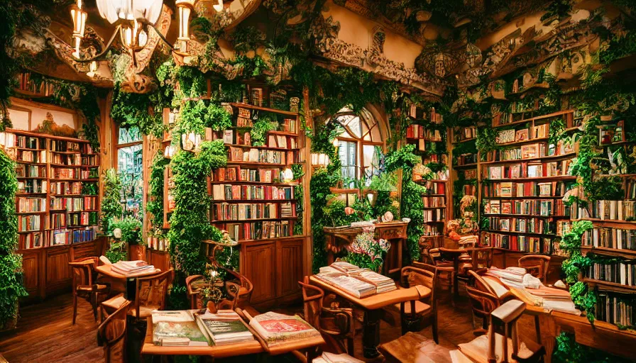 Prompt: Dreamy photo of a very very cozy bookstore cafe that is nestled into the lush PNW woods with castle and temple details, lush plants and flowers, in the style of Gucci, photographed by Petra Collins and Wes Anderson, magic details, very detailed, 8k, trending on artstation, very detailed