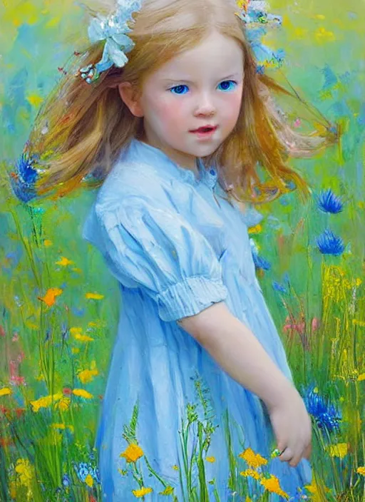 Prompt: a cute little girl with golden blonde hair and blue eyes standing in a field of colorful wildflowers wearing a sky blue summer dress. detailed face. beautiful painting by ruan jia