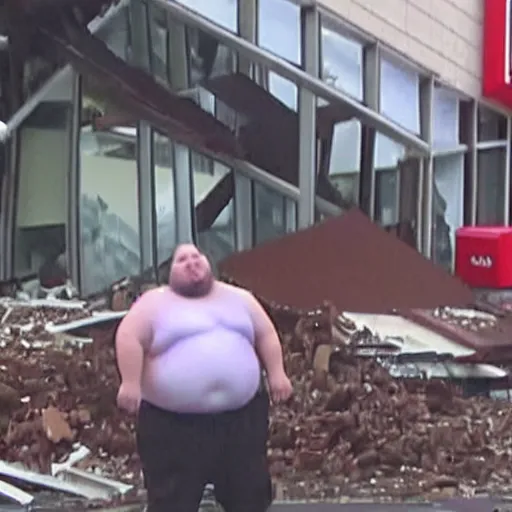 Image similar to huge fat man falls on mcdonalds and destroys the building with his weight