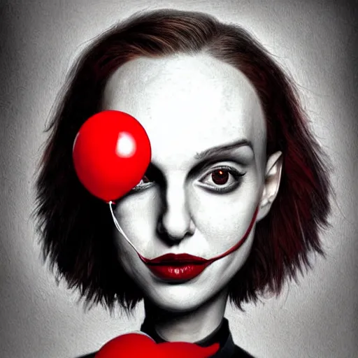 Prompt: surrealism grunge cartoon portrait sketch of natalie portman with a wide smile and a red balloon by - michael karcz, loony toons style, pennywise style, horror theme, detailed, elegant, intricate
