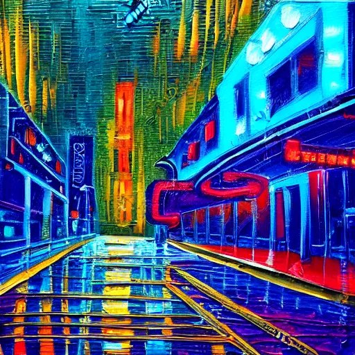 Image similar to impasto texture acrylic painting of a neon lit city street at night