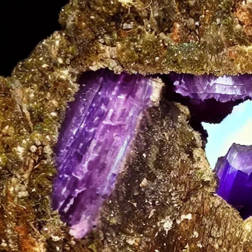 Prompt: ultra high definition nature documentry footage cave exploration of giant amethyst and opal crystals