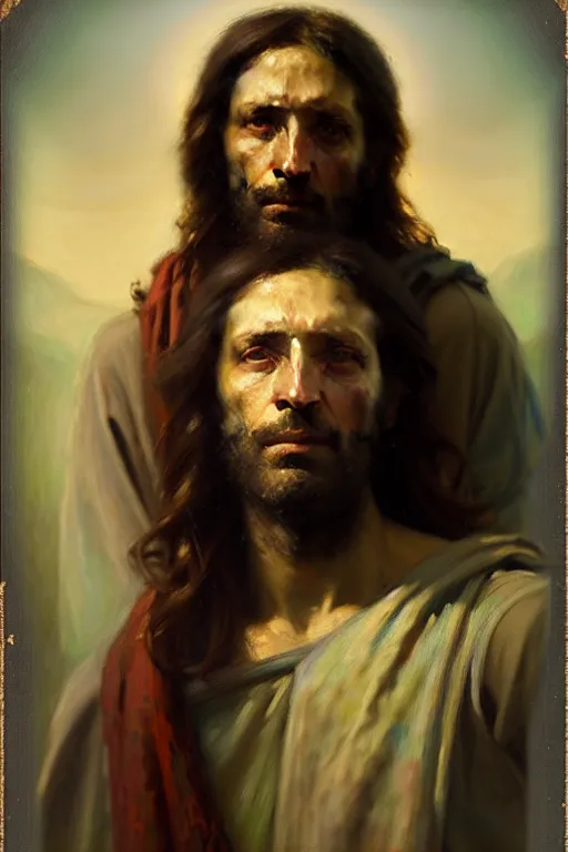 Image similar to photograph imax and solomon joseph solomon and richard schmid and jeremy lipking victorian loose genre loose painting full length portrait painting of jesus