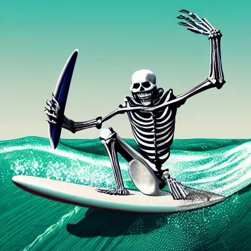 Prompt: photorealistic skeleton hanging ten on a surfboard over a wave