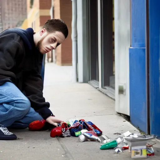Prompt: pete davidson looking for his keys, really sad, probably can't find them