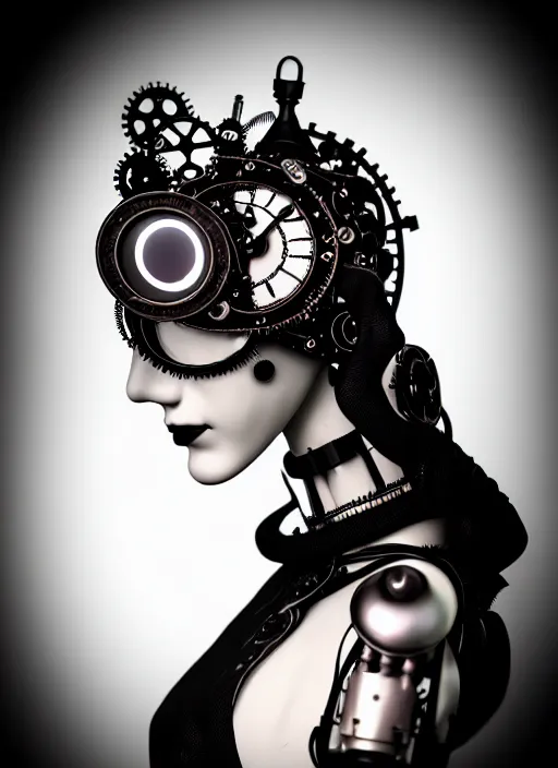 Image similar to 1 9 3 0 black and white dreamy foggy gothic masterpiece profile face portrait, one steampunk eye biomechanical beautiful young female cyborg - robot, body ribs meshes, big monocular, volumetric light, hibiscus flowers, by hg giger, rim light, big gothic fashion pearl embroidered collar, 8 k