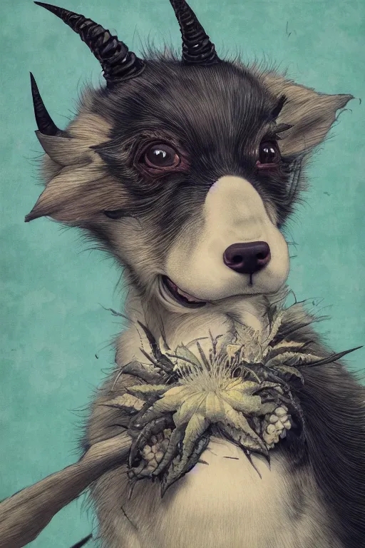 Image similar to a portrait of a japanese devil cannabis dog animal illustrated by miyazaki by karol bak, james jean, tom bagshaw, rococo, sharp focus, trending on artstation, cinematic lighting, hyper realism, octane render, 8 k, hyper detailed, vivid, ultra detailed, highly detailed