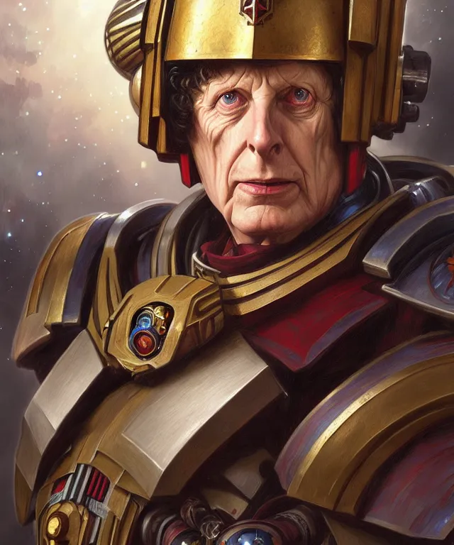 Image similar to Tom Baker Doctor Who as Warhammer 40k Space Marine, portrait, fantasy, intricate, elegant, highly detailed, digital painting, artstation, concept art, smooth, sharp focus, illustration, art by artgerm and greg rutkowski and alphonse mucha