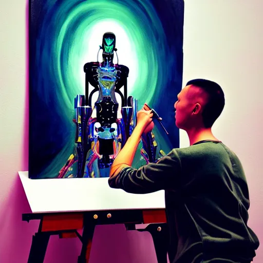 Image similar to photo of futuristic holy futuristic cyborg - robot - painter - artist creating a painting with acrylic paint and brushes in a futuristic artist studio by h. r giger, by, rich deep colors. masterpiece, intricate artwork by tooth wu and wlop and beeple, gaspar noe, james cameron,