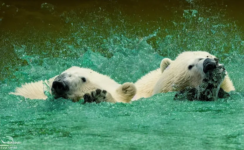 Image similar to gruesome polar bear, beautiful green liquid, green oozing pool pit, cinematic lighting, various refining methods, micro macro autofocus, ultra definition, award winning photo