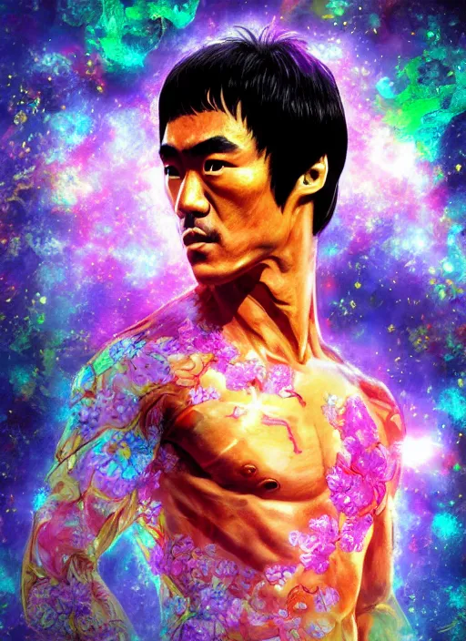 Image similar to portrait of Bruce Lee as a Celestial of a futuristic pearlescent holographic, inside future fighter, sci-fi, fantasy, intricate, lush garden spaceship with sakura season flowers in Kyoto Japan, elegant, human anatomy, royal green and nature light, highly detailed, digital painting, artstation, concept art, smooth, sharp focus, illustration, art by tian zi and WLOP and alphonse mucha, masterpiece, 3d blender