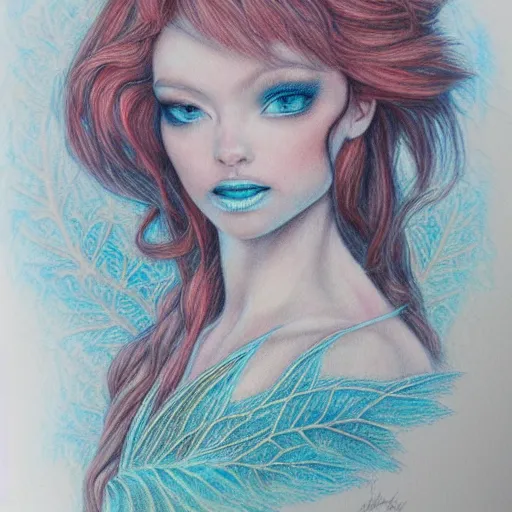 Image similar to Colored pencil art on paper, Frost Fairy, highly detailed, artstation, Caran d'Ache Luminance