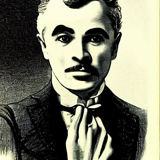 Prompt: franklin booth illustration of charlie chaplin