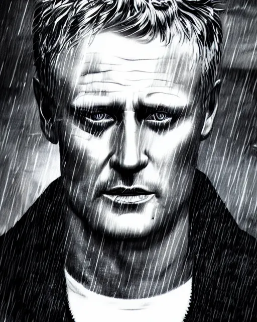 Prompt: a medium close up portrait of roy batty from blade runner, rainy streets in the background, digital art by joseph karl stieler and ross tran, highly detailed, trending on behance